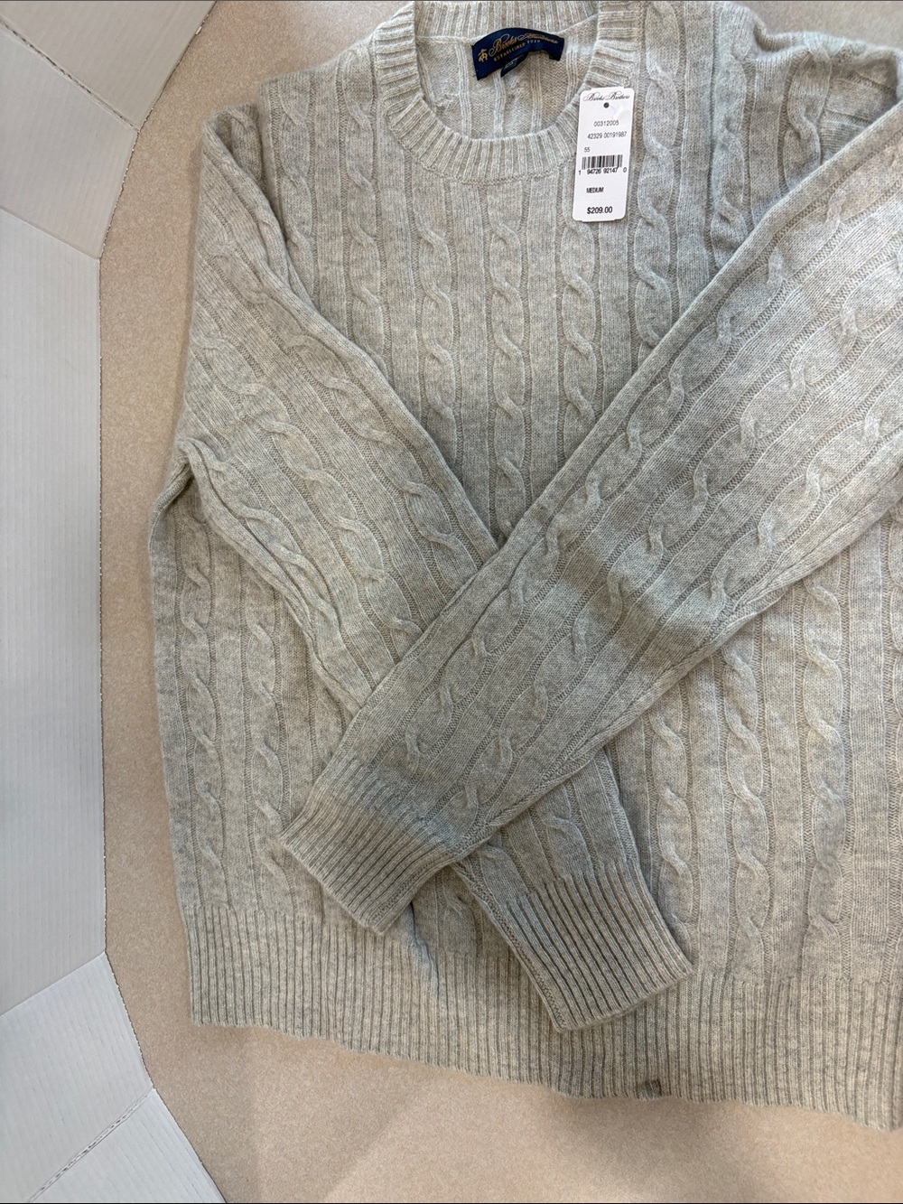 Brooks Brothers Light Gray Cable-Knit Crewneck Sweater
